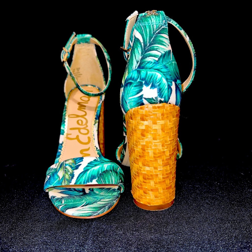 Sam Edelman 6 Tropical Yaro Green Sandals Whicker Heels Palm Leaves